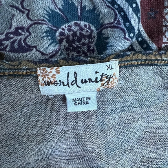 World Unity Blouse XL Floral Gray Red Knit Pullover 3/4 Balloon Sleeves Stretch - Picture 9 of 9